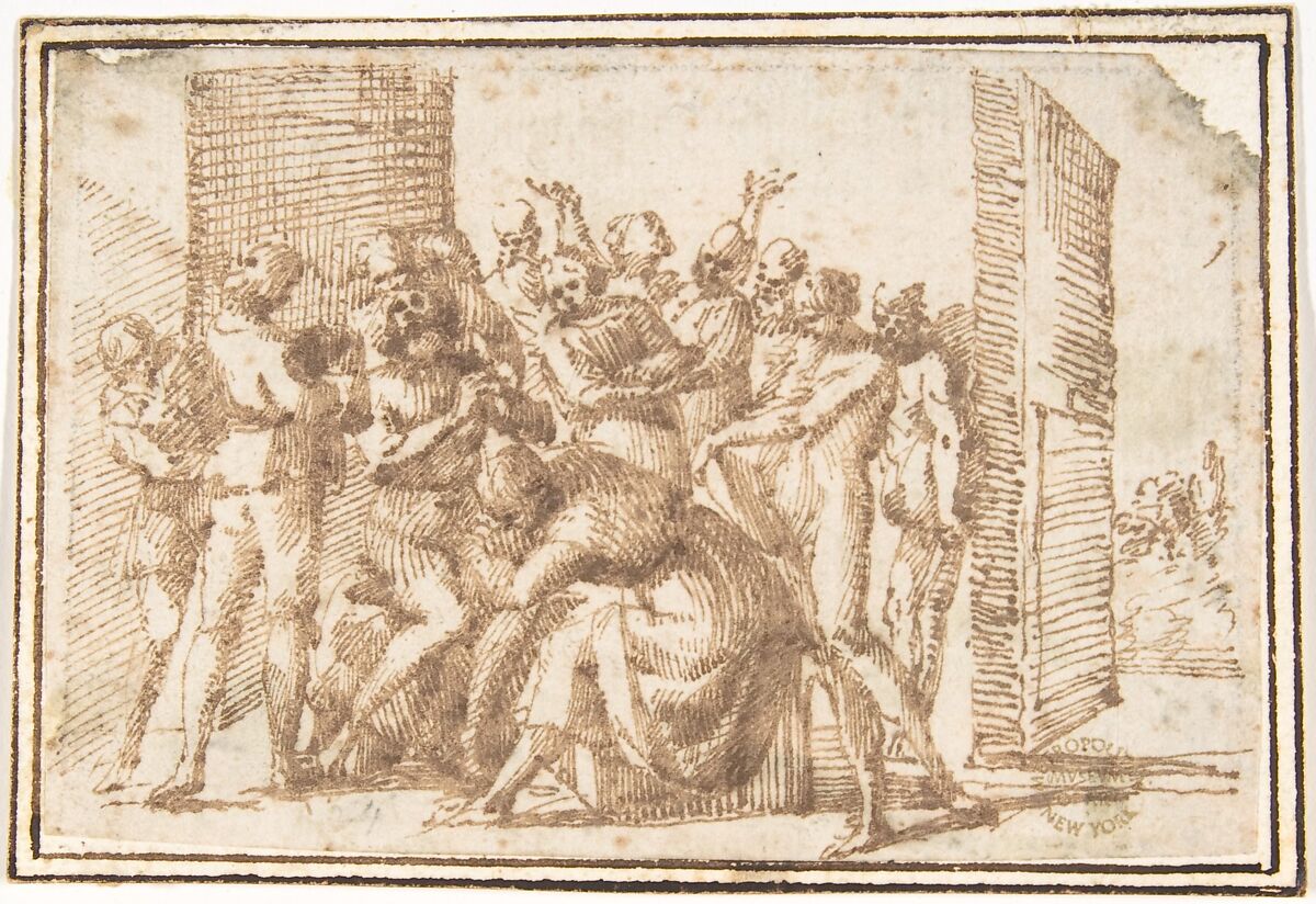 Religious Scene (Job and His Comforters?), attributed to Francesco Allegrini (Italian, Cantiano (?) 1615/20–after 1679 Gubbio (?)), Pen and brown ink; framing lines in black chalk, and in pen and brown ink on mount 