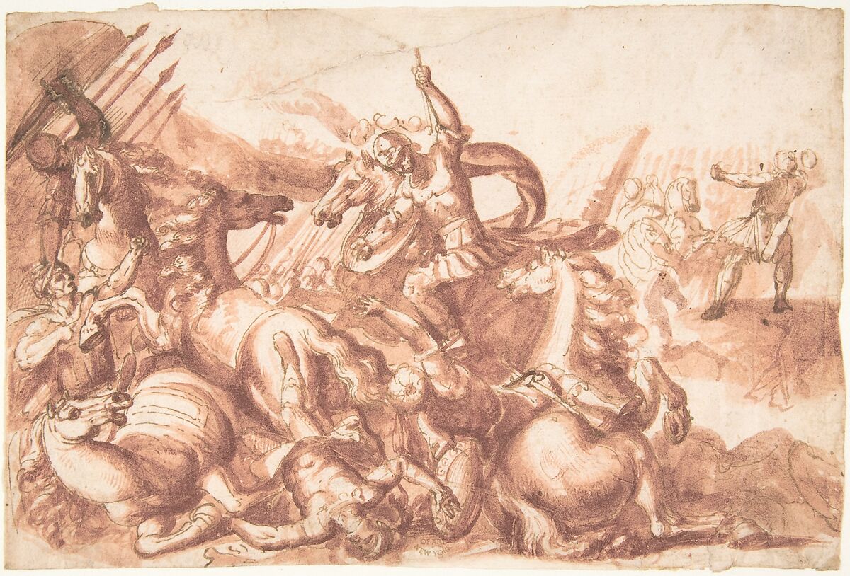 Battle Scene, Francesco Allegrini (Italian, Cantiano (?) 1615/20–after 1679 Gubbio (?)), Pen and brown ink, brush and red wash 