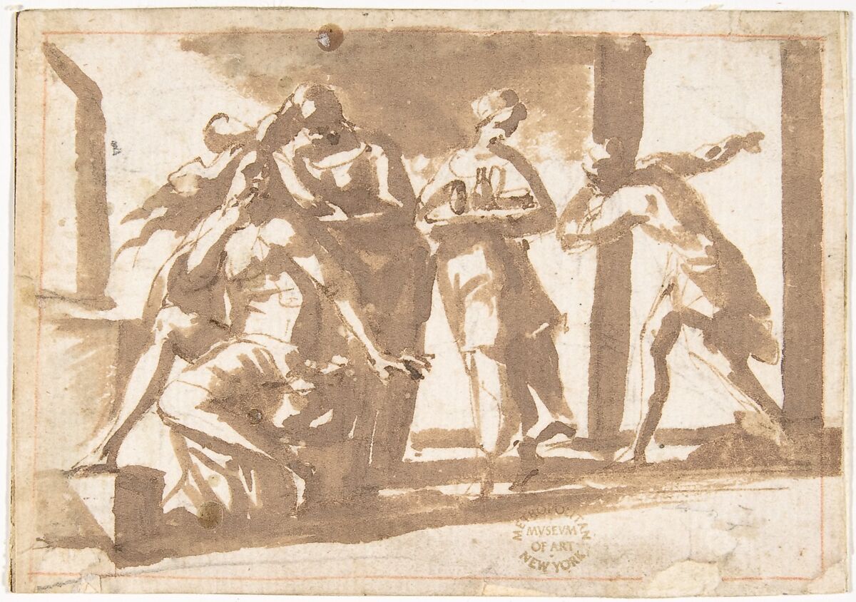 The Departure of Aeneas Announced to Dido?, Francesco Allegrini (Italian, Cantiano (?) 1615/20–after 1679 Gubbio (?)), Pen and brown ink, brush and brown wash, over black chalk; framing lines in red chalk 