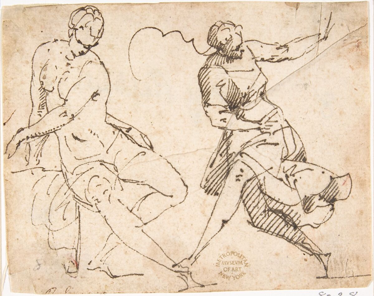 Seated Female Nude and Dancing Female Figure, Francesco Allegrini (Italian, Cantiano (?) 1615/20–after 1679 Gubbio (?)), Pen and brown ink 