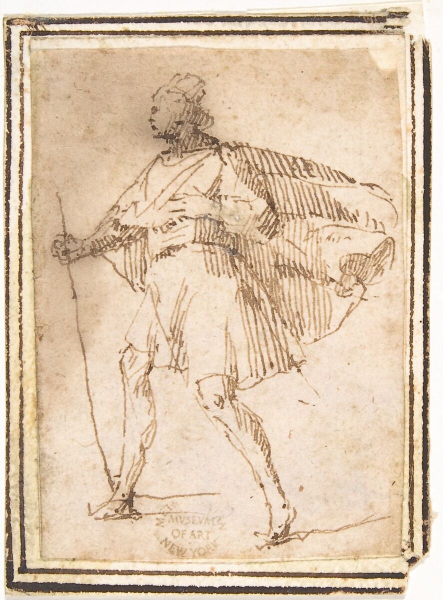 Standing Male Figure with Cloak and Staff, Francesco Allegrini (Italian, Cantiano (?) 1615/20–after 1679 Gubbio (?)), Pen and brown ink; framing lines in pen and brown ink on mount 