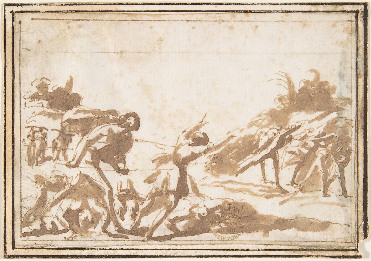 Unidentified Scene: Figures in a Landscape, Francesco Allegrini (Italian, Cantiano (?) 1615/20–after 1679 Gubbio (?)), Pen and brown ink; framing lines in pen and brown ink 