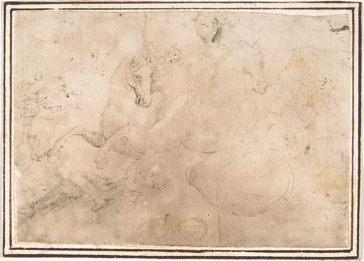 Cavalry Engagement, attributed to Francesco Allegrini (Italian, Cantiano (?) 1615/20–after 1679 Gubbio (?)), Pen and brown ink; framing lines in pen and brown ink on mount 