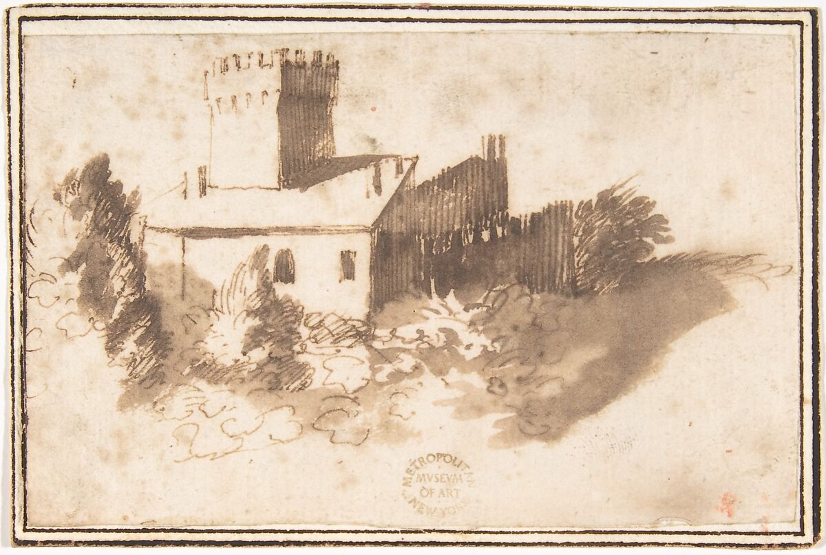 Landscape with a Fortified Building, attributed to Francesco Allegrini (Italian, Cantiano (?) 1615/20–after 1679 Gubbio (?)), Pen and brown ink, brush and brown wash; framing lines in pen and brown ink on mount 