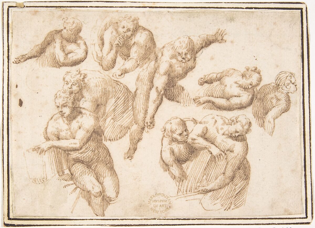 Group of Figures Copied from Michelangelo's Last Judgment, Francesco Allegrini  Italian, Pen and brown ink, over traces of black chalk; framing lines in pen and brown ink on mount
