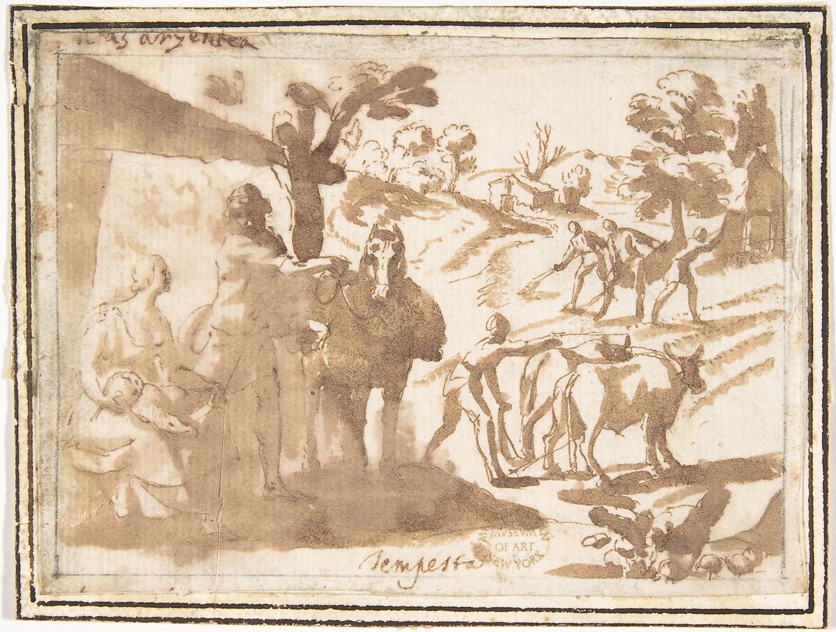 Landscape with Figures: The Silver Age, Francesco Allegrini  Italian, Pen and brown ink, brush and brown wash; framing lines in black chalk, and in pen and brown ink on mount
