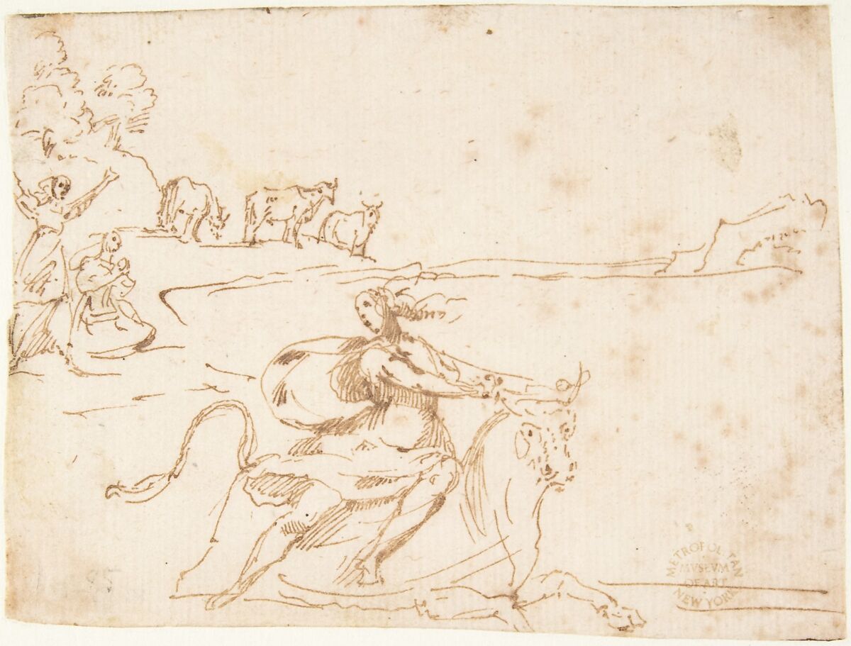 The Rape of Europa, attributed to Francesco Allegrini (Italian, Cantiano (?) 1615/20–after 1679 Gubbio (?)), Pen and brown ink; framing lines in black chalk, and in pen and brown ink on mount 