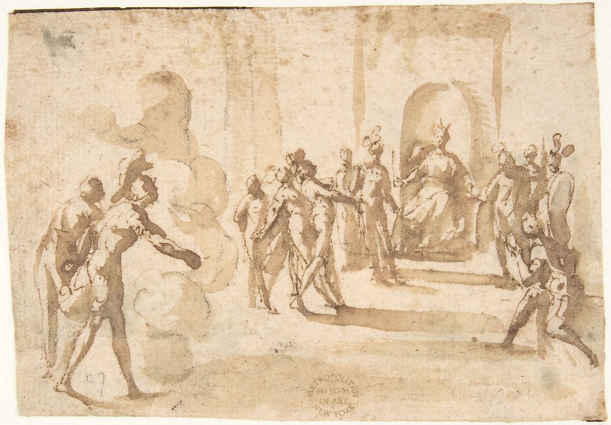 Aeneas and Achates Entering Dido's Palace in a Cloud, Francesco Allegrini  Italian, Pen and brown ink, brush and brown wash, over black chalk; framing lines in black chalk, and in pen and brown ink on mount