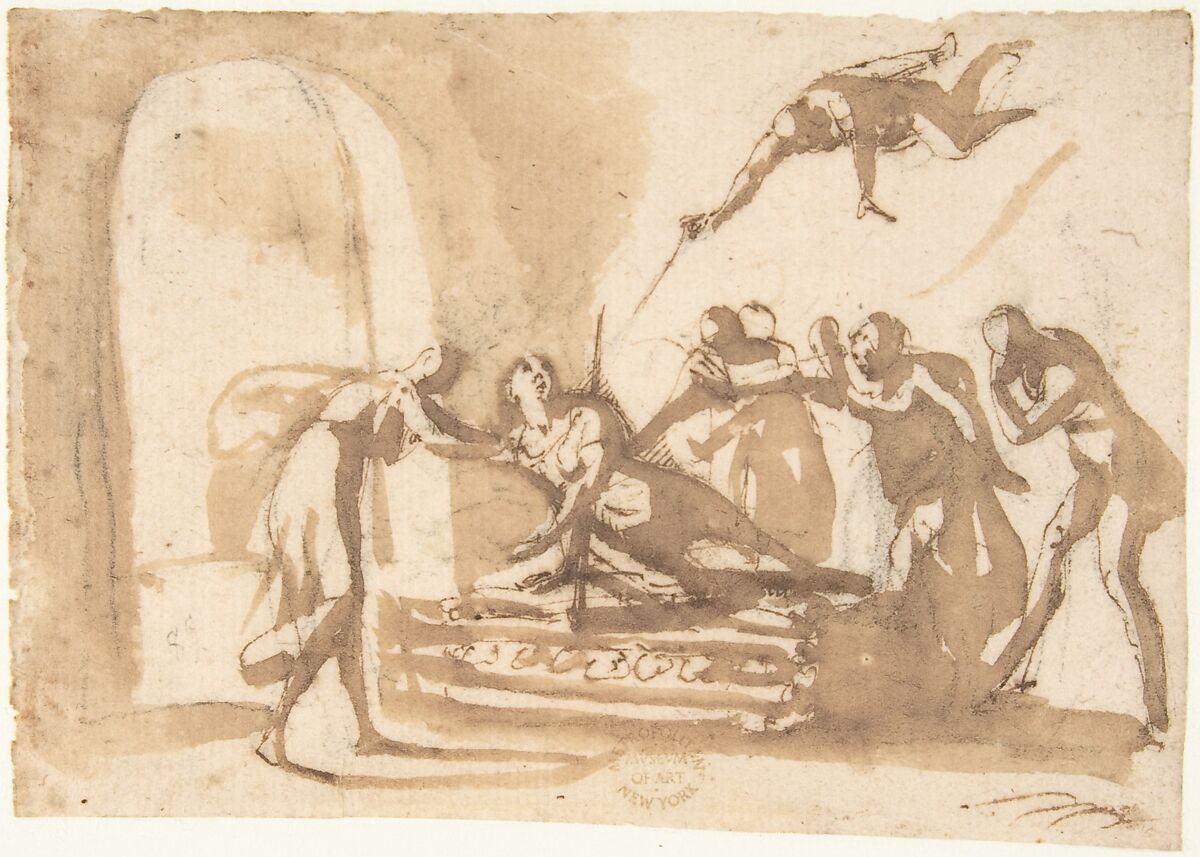 The Death of Dido, attributed to Francesco Allegrini (Italian, Cantiano (?) 1615/20–after 1679 Gubbio (?)), Pen and brown ink, brush and brown wash, over black chalk; framing lines in pen and brown ink on mount 