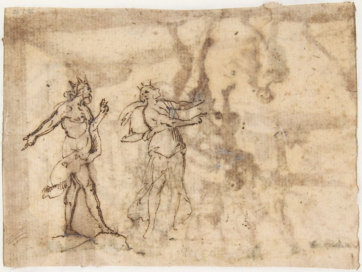 Aeneas Carrying Anchises in the Burning of Troy, attributed to Francesco Allegrini (Italian, Cantiano (?) 1615/20–after 1679 Gubbio (?)), Pen and brown ink, brush and brown wash; framing lines in pen and brown ink on mount