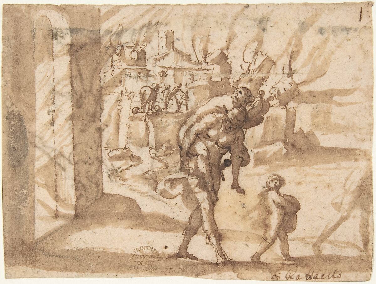 Aeneas Carrying Anchises in the Burning of Troy, attributed to Francesco Allegrini (Italian, Cantiano (?) 1615/20–after 1679 Gubbio (?)), Pen and brown ink, brush and brown wash; framing lines in pen and brown ink on mount 