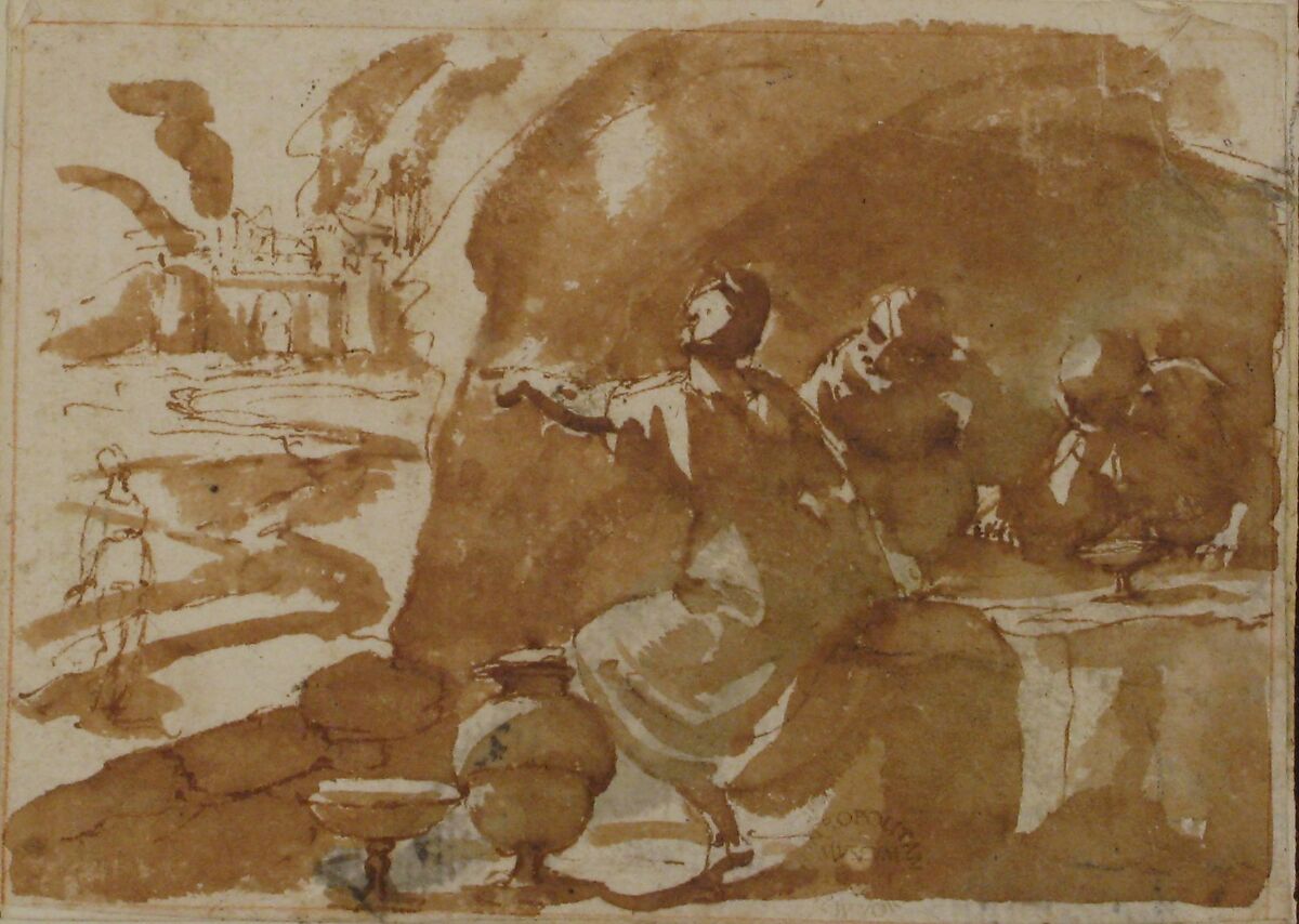 Lot and His Daughters, attributed to Francesco Allegrini (Italian, Cantiano (?) 1615/20–after 1679 Gubbio (?)), Pen and brown ink, brush and brown wash; framing lines in red chalk, and pen and brown ink on mount