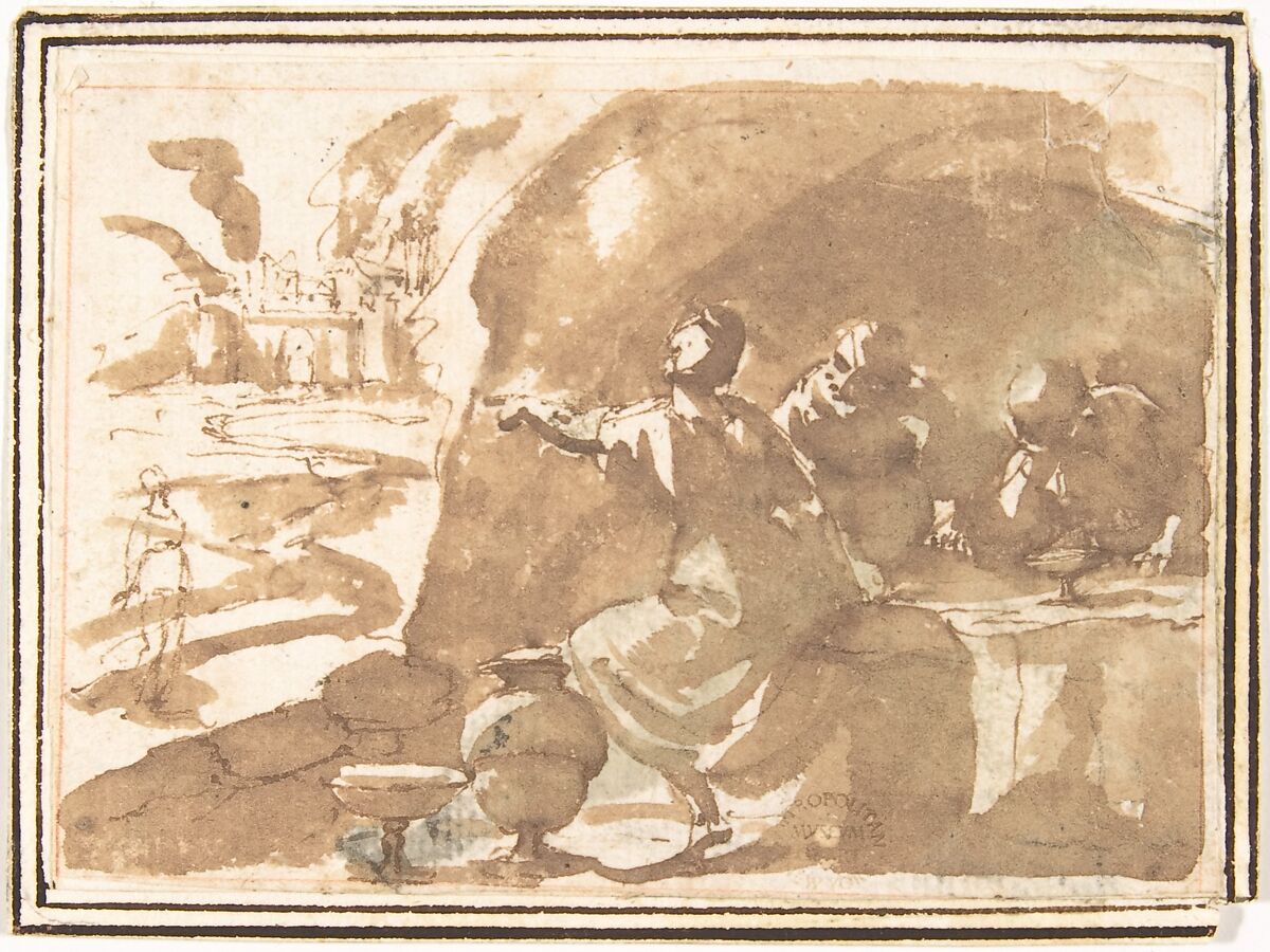 Lot and His Daughters, attributed to Francesco Allegrini (Italian, Cantiano (?) 1615/20–after 1679 Gubbio (?)), Pen and brown ink, brush and brown wash; framing lines in red chalk, and pen and brown ink on mount 