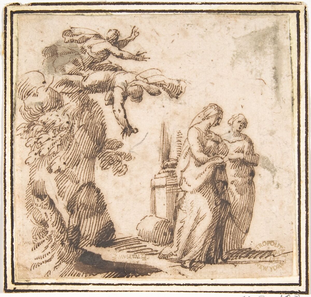 Unidentified Subject (Two Falling Figures and Two Standing Women in a Landscape), attributed to Francesco Allegrini (Italian, Cantiano (?) 1615/20–after 1679 Gubbio (?)), Pen and brown ink; framing lines in pen and brown ink on mount 