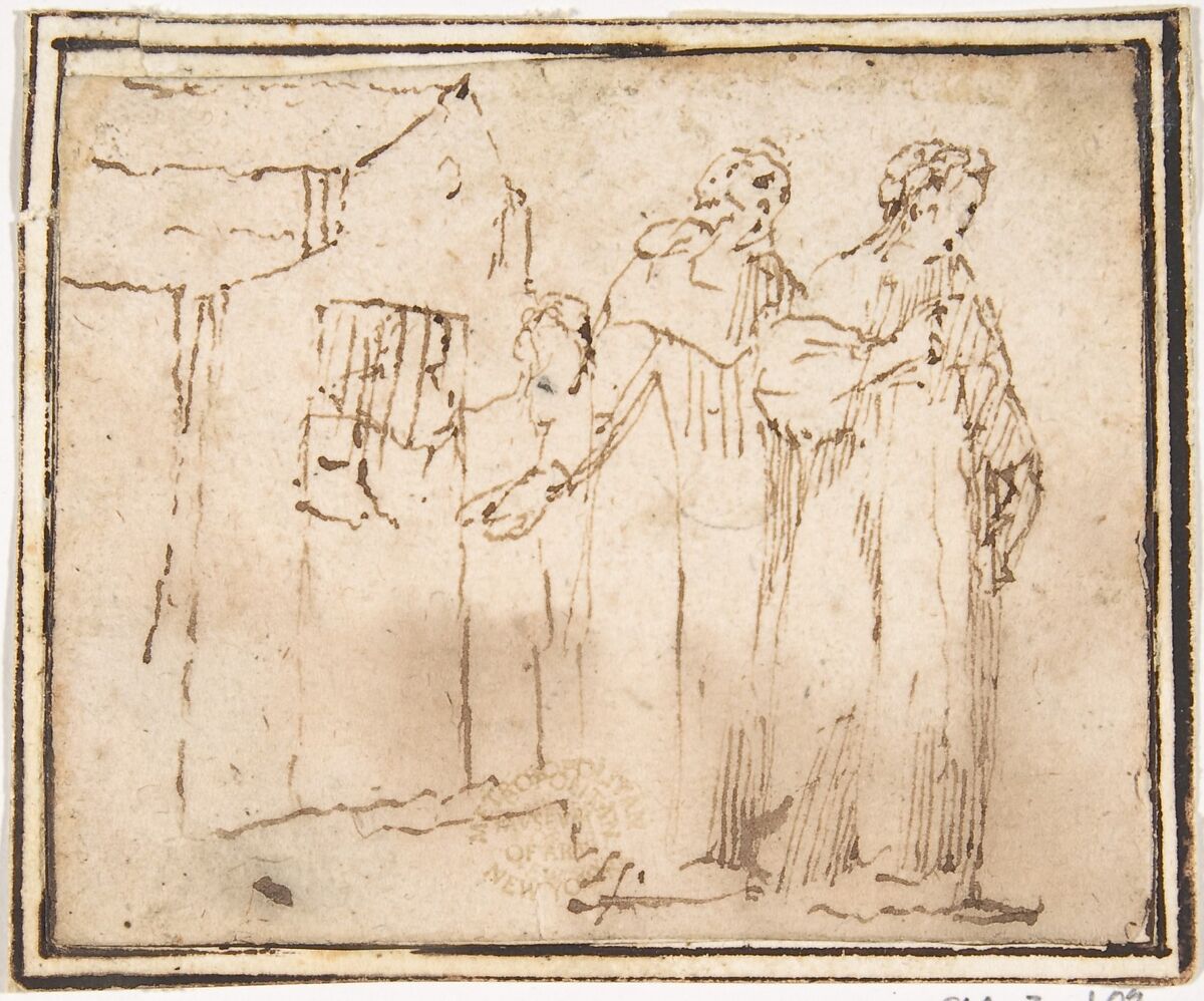 Two Monastic Figures Standing before a Church, Francesco Allegrini  Italian, Pen and brown ink; framing lines in pen and brown ink on mount