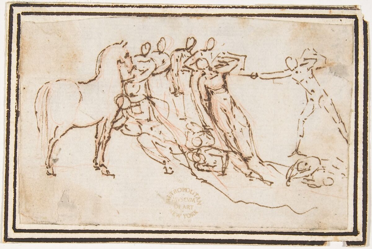 Unidentified Subject (Nine Figures and a Horse), attributed to Francesco Allegrini (Italian, Cantiano (?) 1615/20–after 1679 Gubbio (?)), Pen and brown ink, over red chalk; framing lines in pen and brown ink on mount 
