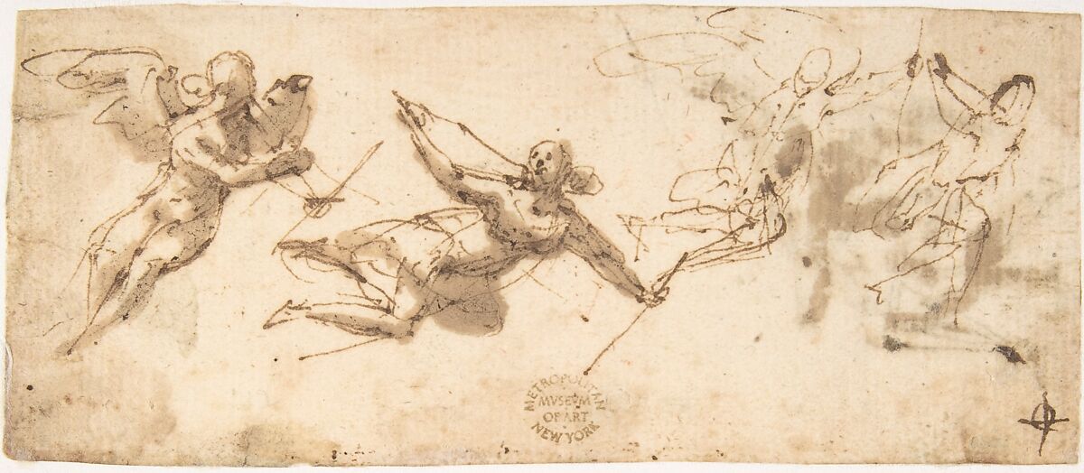 Four Flying Angels (recto); Two Flying Figures (verso), attributed to Francesco Allegrini (Italian, Cantiano (?) 1615/20–after 1679 Gubbio (?)), Pen and brown ink, brush and brown wash (recto); two flying figures in pen and brown ink (verso) 