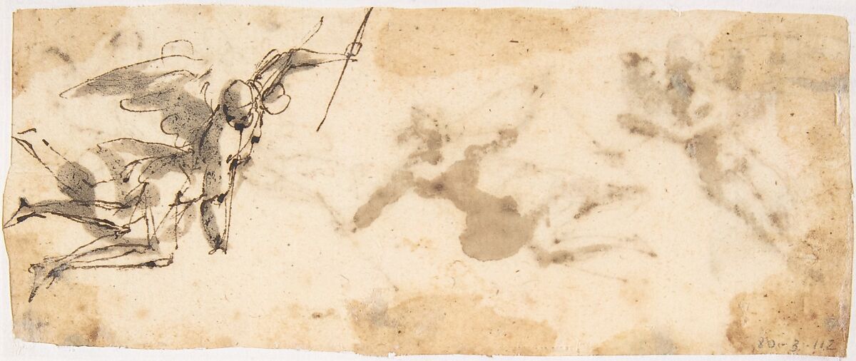 Four Flying Angels (recto); Two Flying Figures (verso), attributed to Francesco Allegrini (Italian, Cantiano (?) 1615/20–after 1679 Gubbio (?)), Pen and brown ink, brush and brown wash (recto); two flying figures in pen and brown ink (verso)