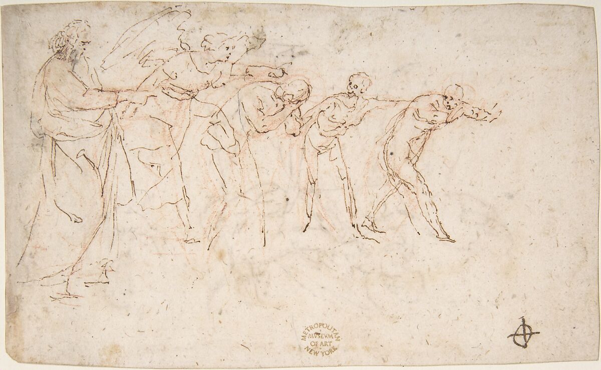 The Expulsion of Adam and Eve from Paradise (recto); Studies for the Same Composition (verso), attributed to Francesco Allegrini (Italian, Cantiano (?) 1615/20–after 1679 Gubbio (?)), Pen and brown ink, over red chalk 
