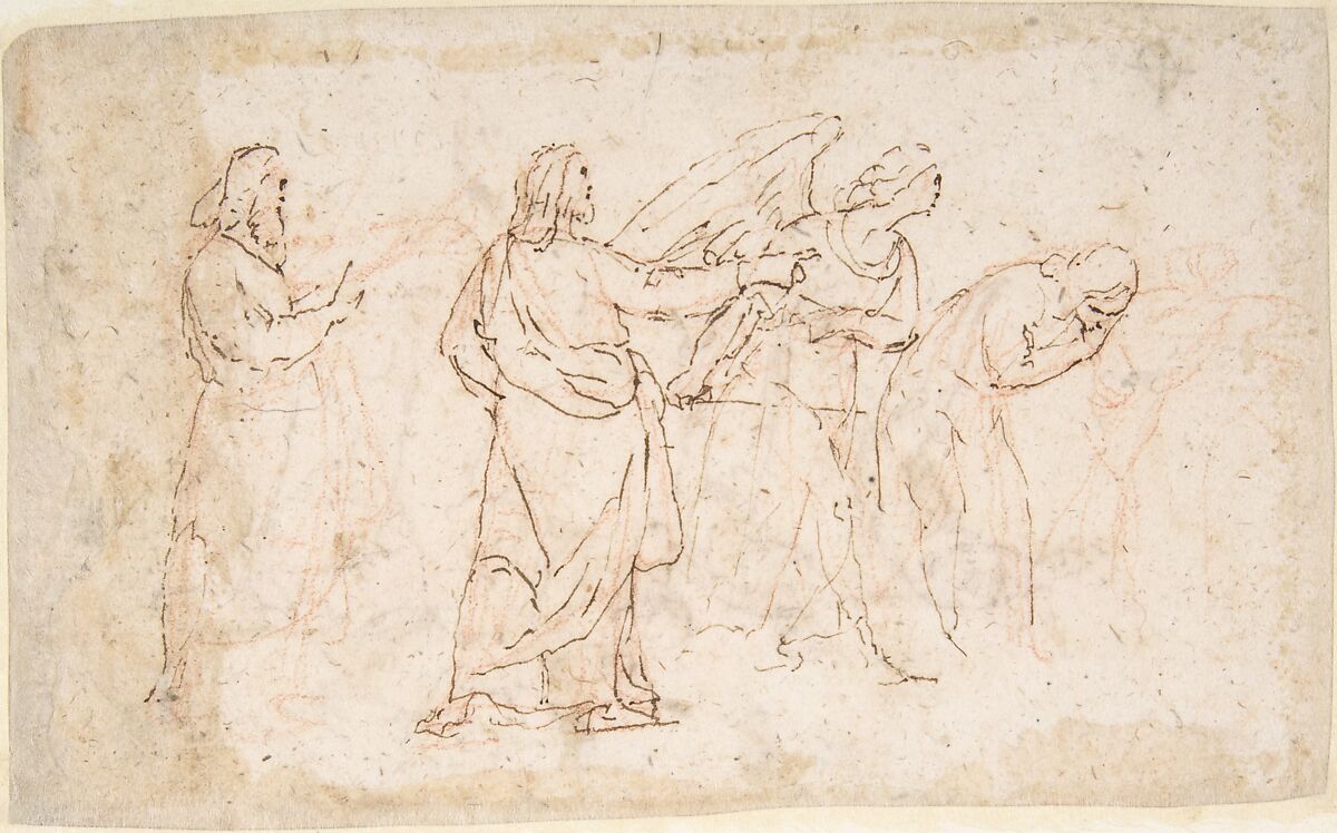 The Expulsion of Adam and Eve from Paradise (recto); Studies for the Same Composition (verso), attributed to Francesco Allegrini (Italian, Cantiano (?) 1615/20–after 1679 Gubbio (?)), Pen and brown ink, over red chalk