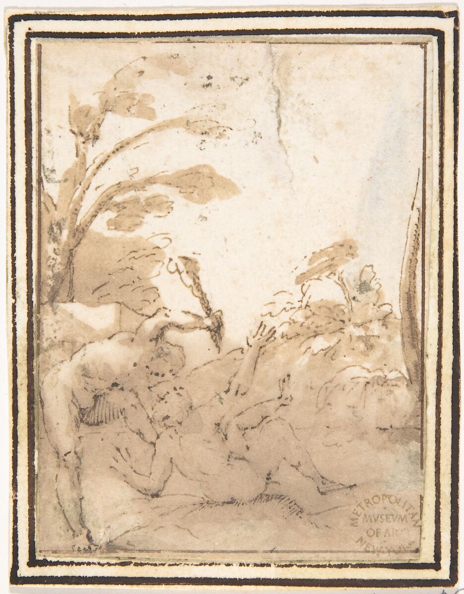 Cain Slaying Abel, Francesco Allegrini  Italian, Pen and brown ink; framing lines in pen and brown ink on mount
