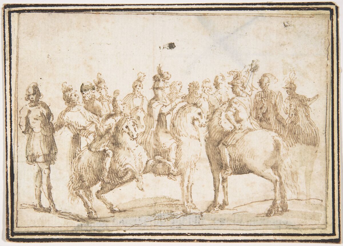 Group of Horsemen, attributed to Francesco Allegrini (Italian, Cantiano (?) 1615/20–after 1679 Gubbio (?)), Pen and brown ink.  Framing lines in pen and brown ink on mount 