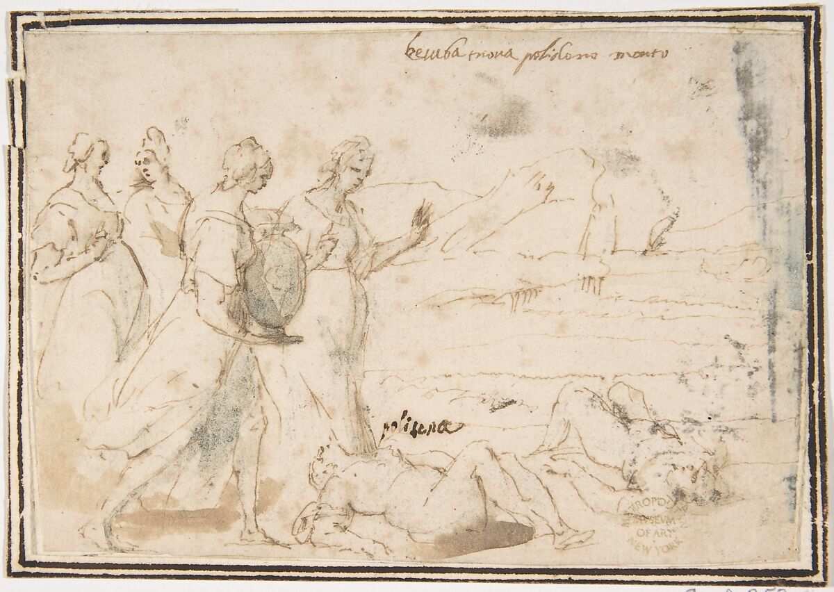 The Death of Polyxena, attributed to Francesco Allegrini (Italian, Cantiano (?) 1615/20–after 1679 Gubbio (?)), Pen and brown ink, brush an brown wash.  Framing lines in pen and brown ink on mount 