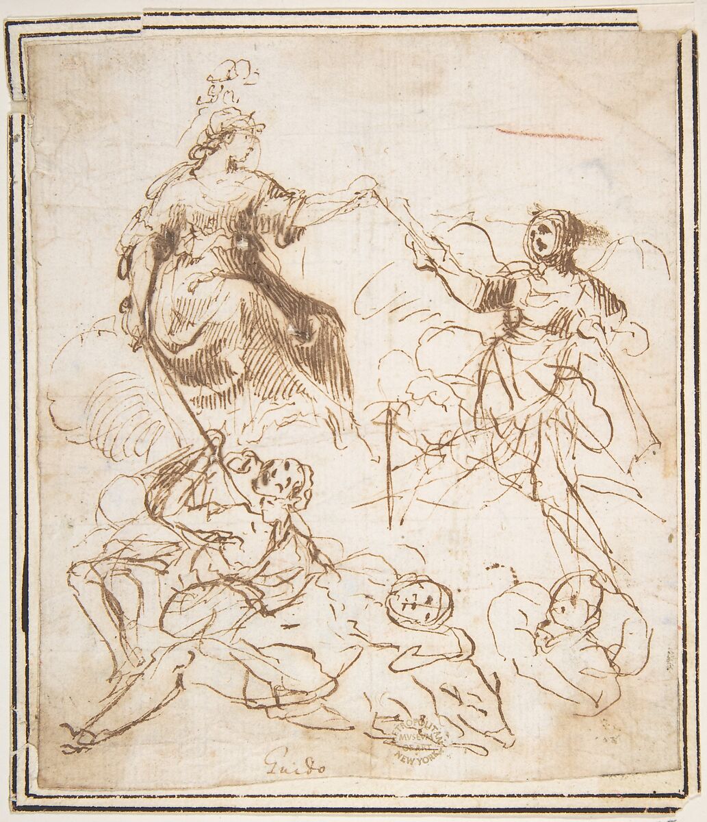 Group of Five Allegorical Figures, attributed to Francesco Allegrini (Italian, Cantiano (?) 1615/20–after 1679 Gubbio (?)), Pen and brown ink.  Framing lines in pen and brown ink 