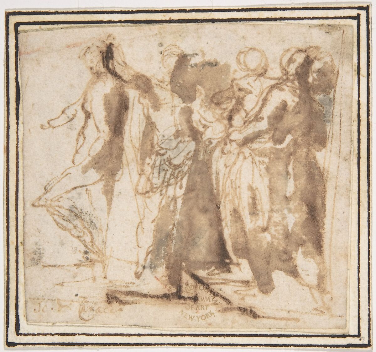 Figures, attributed to Francesco Allegrini (Italian, Cantiano (?) 1615/20–after 1679 Gubbio (?)), Pen and brown ink, brush an brown wash.  Framing lines in pen and brown ink on mount 