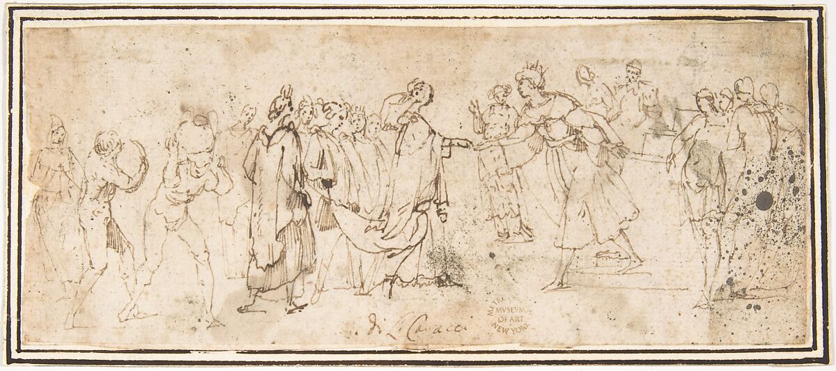 King Solomon Receiving the Queen of Sheba, attributed to Francesco Allegrini (Italian, Cantiano (?) 1615/20–after 1679 Gubbio (?)), Pen and brown ink; framing lines in pen and brown ink on mount 