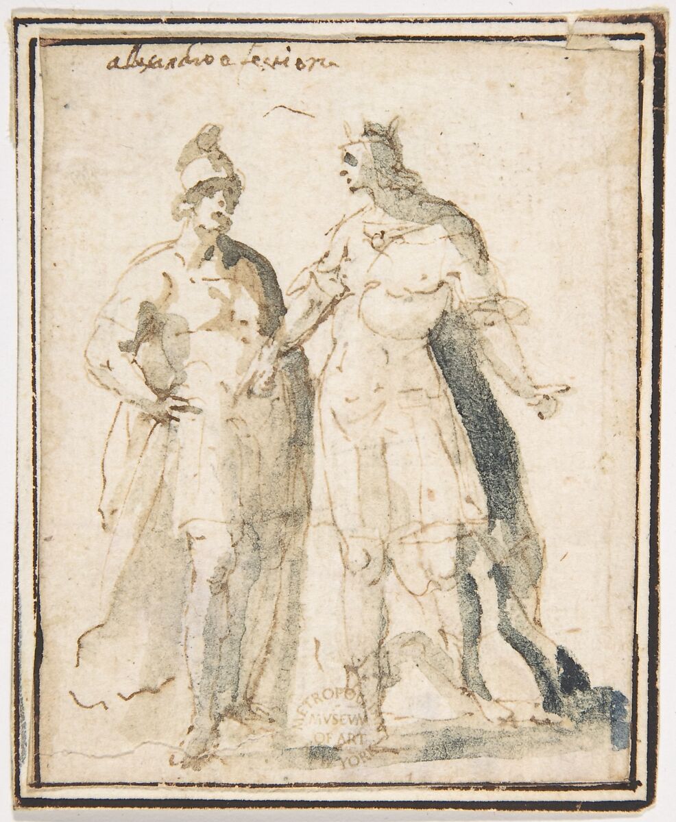 Two Standing Male Figures in Antique Military Costume, attributed to Francesco Allegrini (Italian, Cantiano (?) 1615/20–after 1679 Gubbio (?)), Pen and brown ink, brush with brown and blue wash.  Framing lines in pen and brown ink on mount 