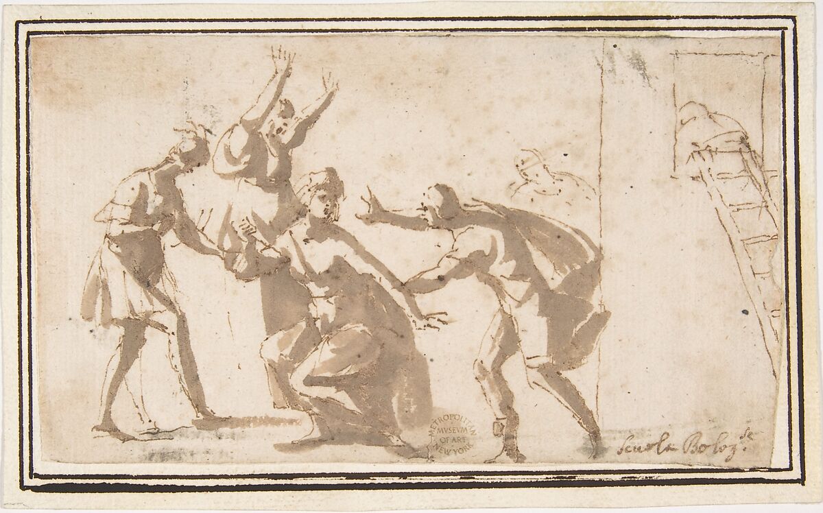 The Death of Lucretia?, attributed to Francesco Allegrini (Italian, Cantiano (?) 1615/20–after 1679 Gubbio (?)), Pen and brown ink, brush and brown wash.  Framing lines in pen and brown ink on mount 