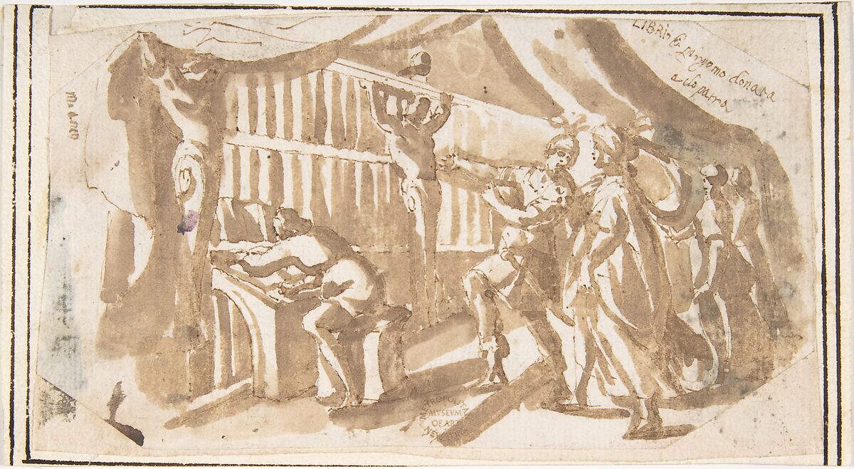 The Library of Pergamus Given to Cleopatra, attributed to Francesco Allegrini (Italian, Cantiano (?) 1615/20–after 1679 Gubbio (?)), Pen and brown ink, brush and brown wash; framing lines in pen and brown ink on mount 