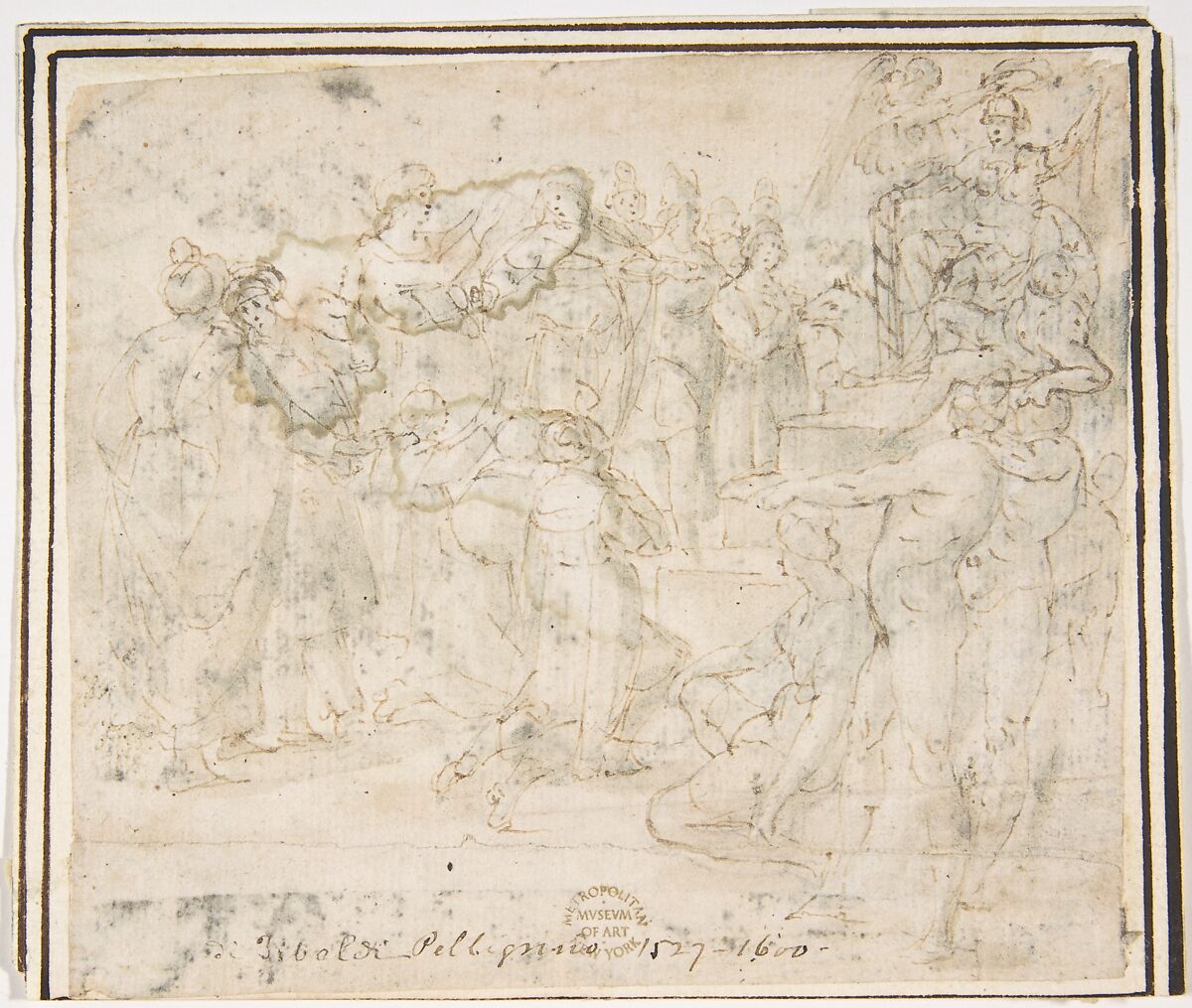 The Judgment of Solomon, attributed to Francesco Allegrini (Italian, Cantiano (?) 1615/20–after 1679 Gubbio (?)), Pen and brown ink, brush and faint green wash.  Framing lines in pen and brown ink on mount 