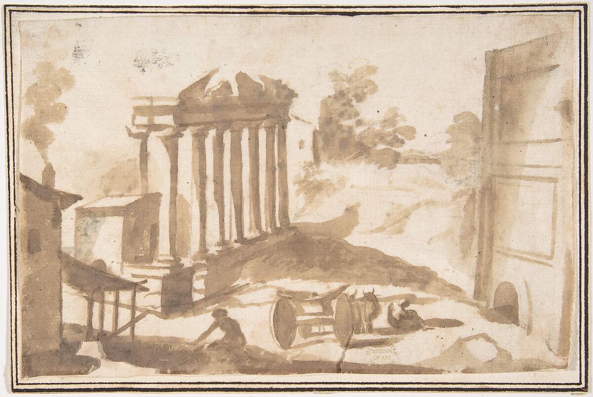 Landscape with a Ruined Temple, attributed to Francesco Allegrini (Italian, Cantiano (?) 1615/20–after 1679 Gubbio (?)), Brush and brown wash.  Framing lines in pen and brown ink on mount 