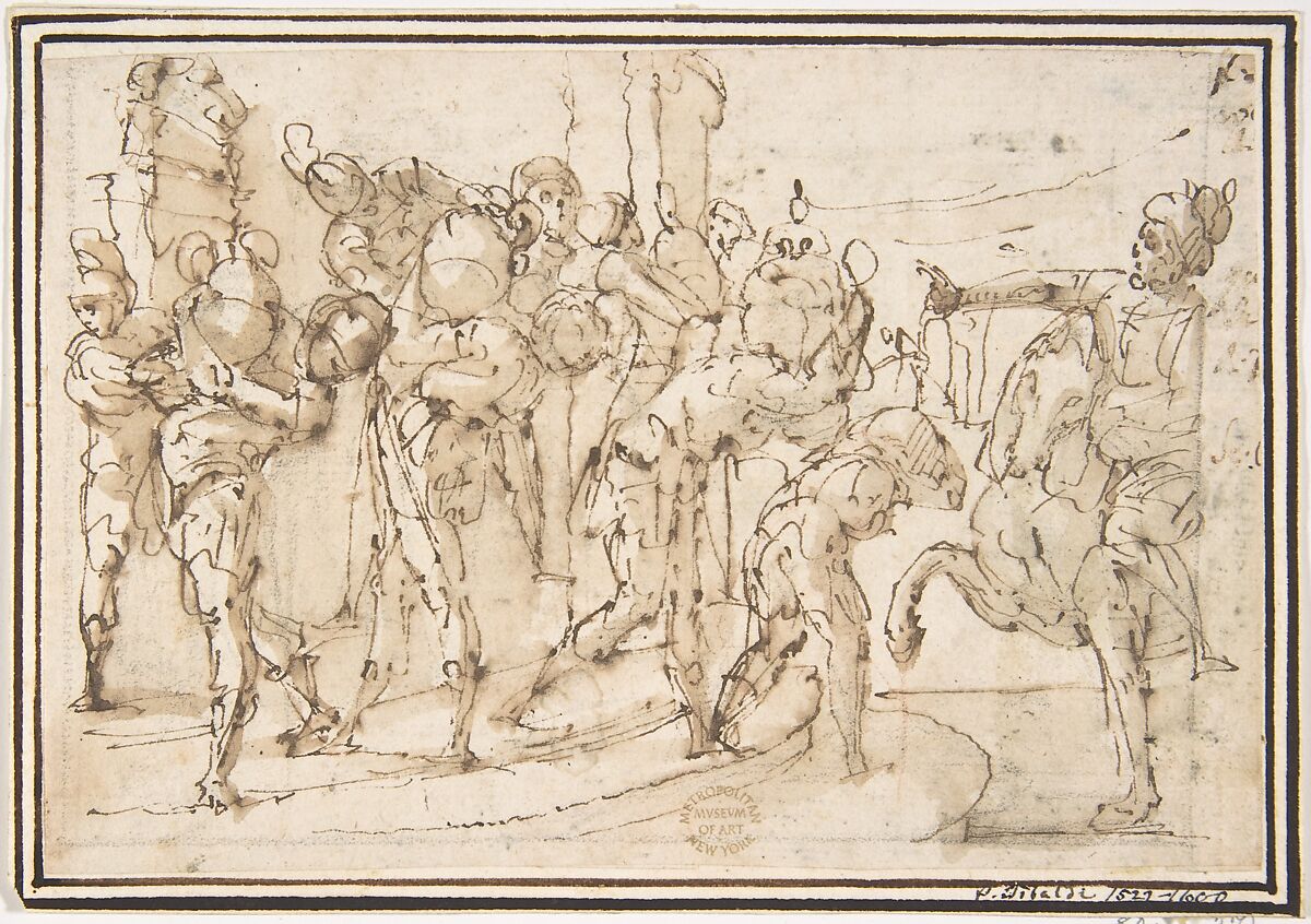 Men Carrying Jars, attributed to Francesco Allegrini (Italian, Cantiano (?) 1615/20–after 1679 Gubbio (?)), Pen and brown ink, and brush and brown wash.  Framing lines in pen and brown ink on mount 