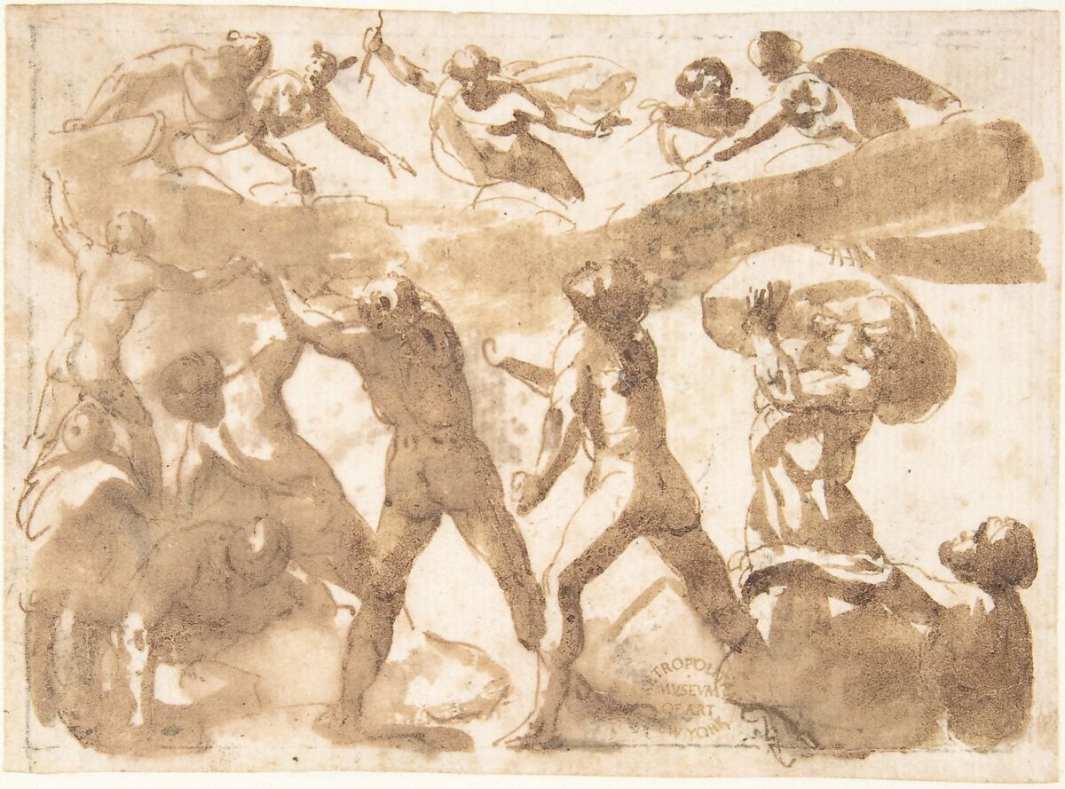 Battle of the Titans, attributed to Francesco Allegrini (Italian, Cantiano (?) 1615/20–after 1679 Gubbio (?)), Pen and brown ink, brush and brown wash.  Framing lines in black chalk, and pen and brown ink on mount 