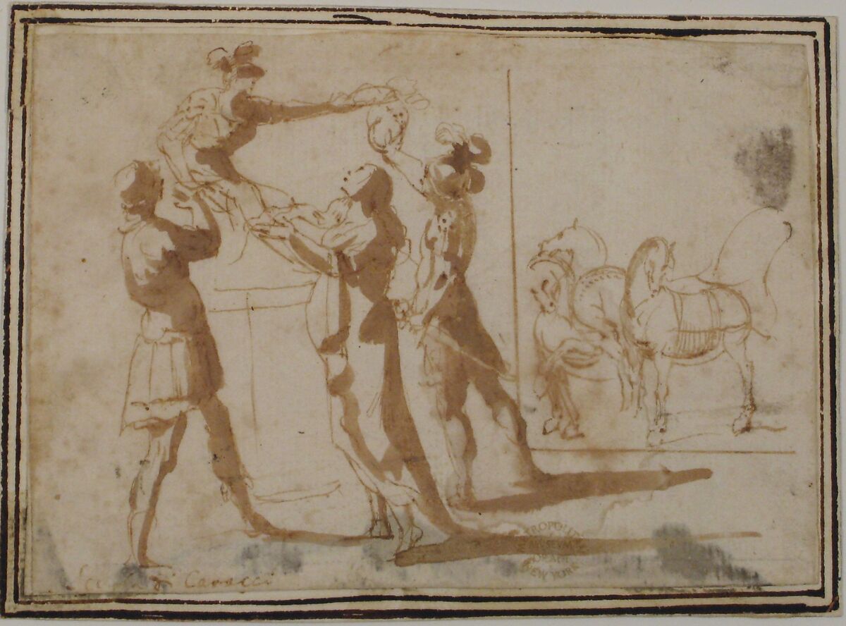 Enthroned Warrior Distributing Crowns, attributed to Francesco Allegrini (Italian, Cantiano (?) 1615/20–after 1679 Gubbio (?)), Pen and brown ink, brush and brown wash; framing lines in pen and brown ink on mount