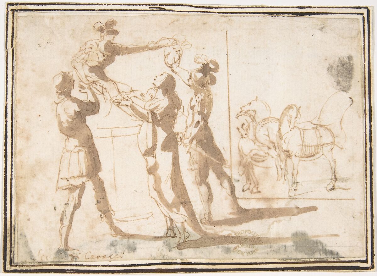 Enthroned Warrior Distributing Crowns, attributed to Francesco Allegrini (Italian, Cantiano (?) 1615/20–after 1679 Gubbio (?)), Pen and brown ink, brush and brown wash; framing lines in pen and brown ink on mount 