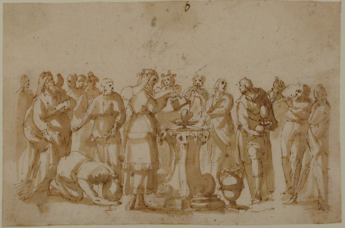Scene of Sacrifice, Attributed to Francesco Allegrini (Italian, Cantiano (?) 1615/20–after 1679 Gubbio (?)), Pen and brown ink, brush and brown wash; framing lines in black chalk, and pen and brown ink on mount