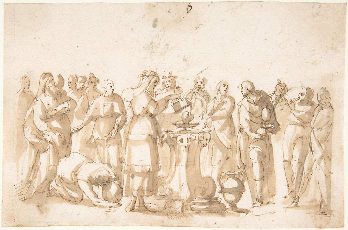 Scene of Sacrifice, Francesco Allegrini  Italian, Pen and brown ink, brush and brown wash.  Framing lines in black chalk, and pen and brown ink on mount