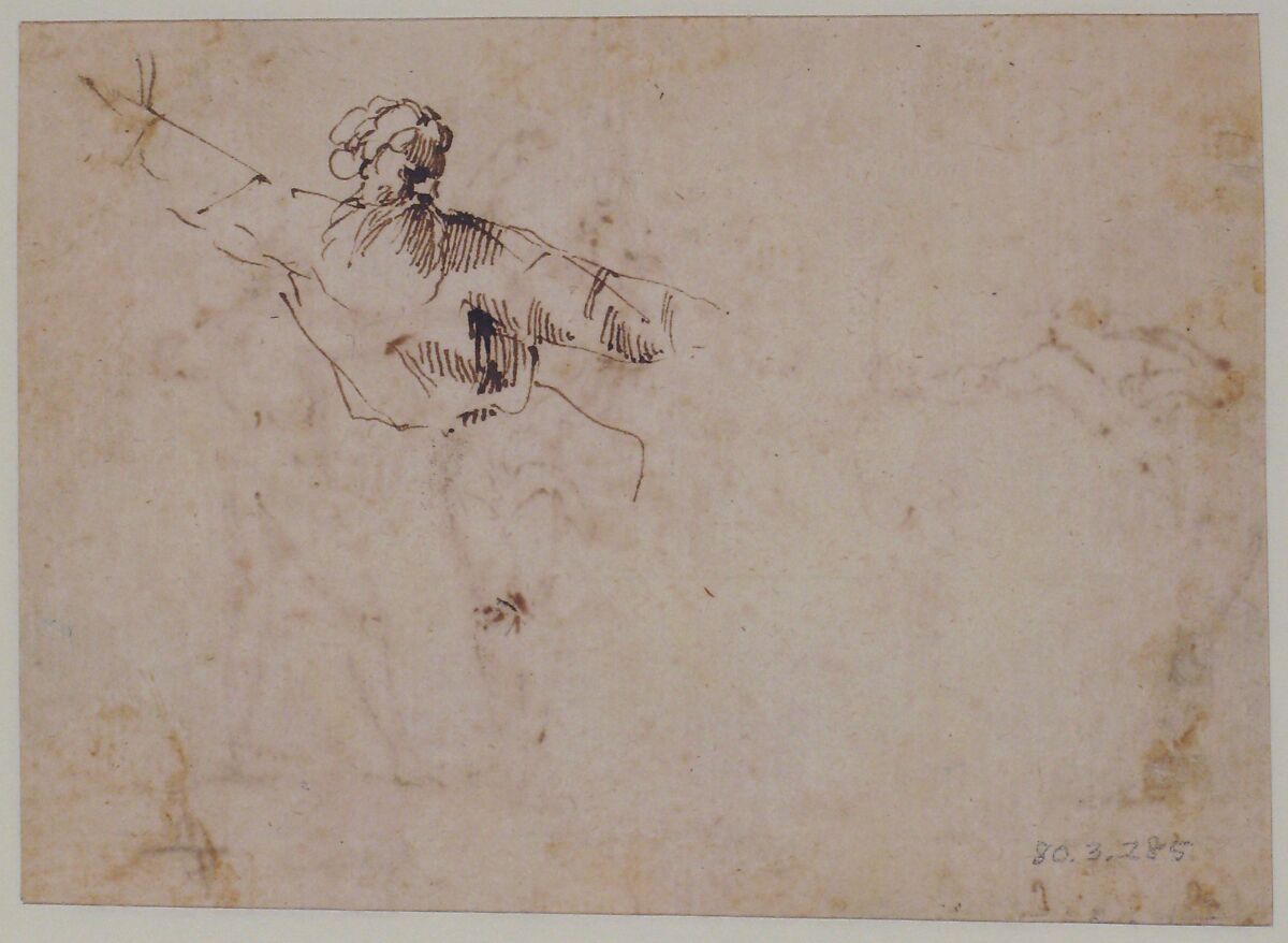 The Martyrdom of Saint Sebastian (recto); Bearded Old Man Blessing Seen in Half-length (verso), attributed to Francesco Allegrini (Italian, Cantiano (?) 1615/20–after 1679 Gubbio (?)), Pen and brown ink (recto and verso). 
Framing lines in black chalk, and pen and brown ink on mount