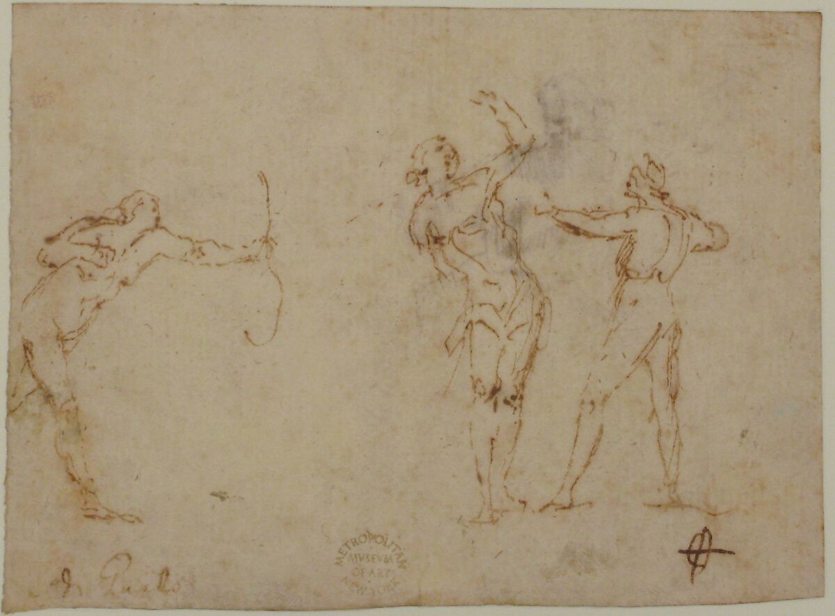 The Martyrdom of Saint Sebastian (recto); Bearded Old Man Blessing Seen in Half-length (verso), attributed to Francesco Allegrini (Italian, Cantiano (?) 1615/20–after 1679 Gubbio (?)), Pen and brown ink (recto and verso). 
Framing lines in black chalk, and pen and brown ink on mount