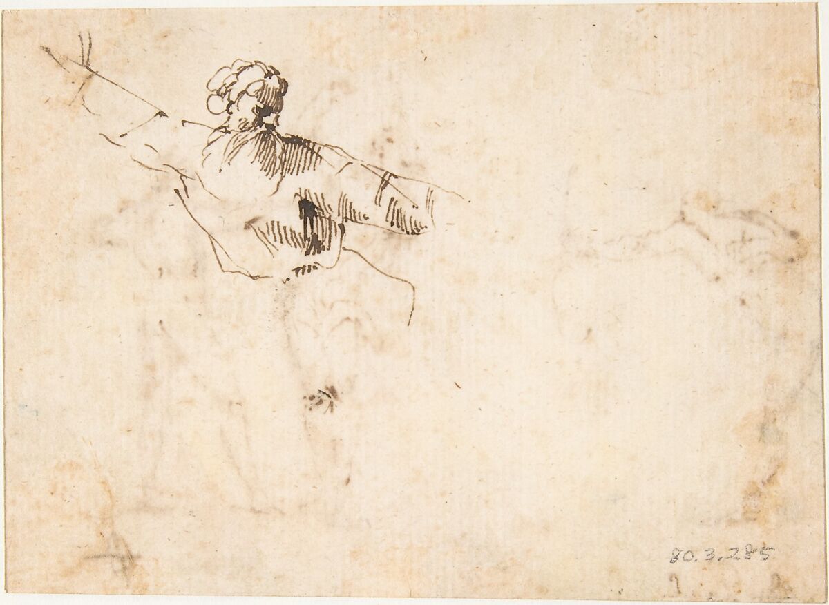 The Martyrdom of Saint Sebastian (recto); Bearded Old Man Blessing Seen in Half-length (verso), attributed to Francesco Allegrini (Italian, Cantiano (?) 1615/20–after 1679 Gubbio (?)), Pen and brown ink (recto and verso). 
Framing lines in black chalk, and pen and brown ink on mount