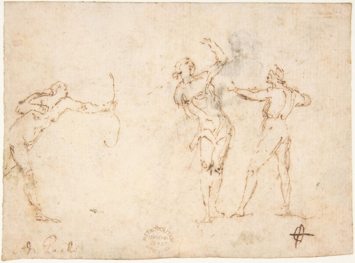 The Martyrdom of Saint Sebastian (recto); Bearded Old Man Blessing Seen in Half-length (verso), attributed to Francesco Allegrini (Italian, Cantiano (?) 1615/20–after 1679 Gubbio (?)), Pen and brown ink (recto and verso). 
Framing lines in black chalk, and pen and brown ink on mount 