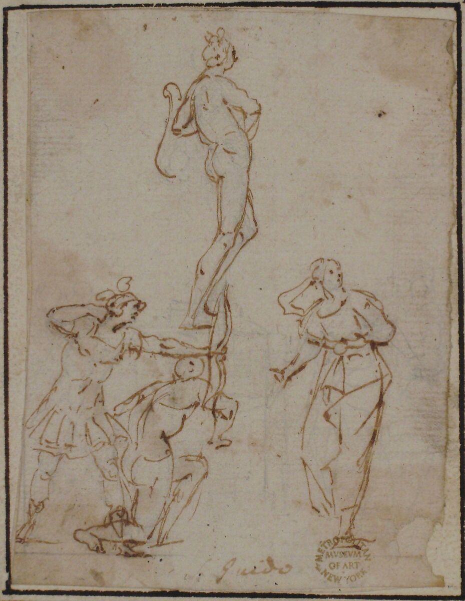 Four Figures Studies, One of a Standing Archer, attributed to Francesco Allegrini (Italian, Cantiano (?) 1615/20–after 1679 Gubbio (?)), Pen and brown ink.  Framing lines in pen and brown ink on mount