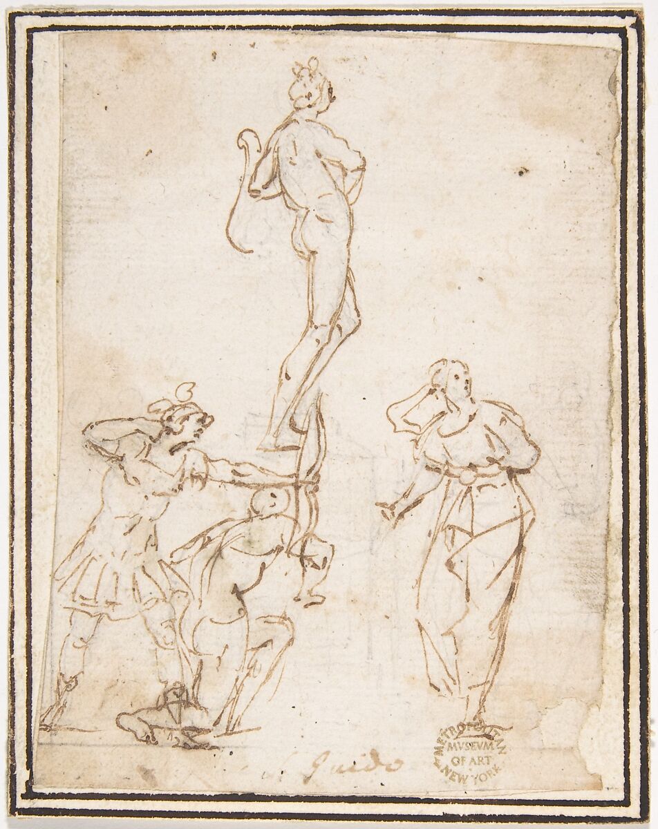 Four Figures Studies, One of a Standing Archer, attributed to Francesco Allegrini (Italian, Cantiano (?) 1615/20–after 1679 Gubbio (?)), Pen and brown ink.  Framing lines in pen and brown ink on mount 