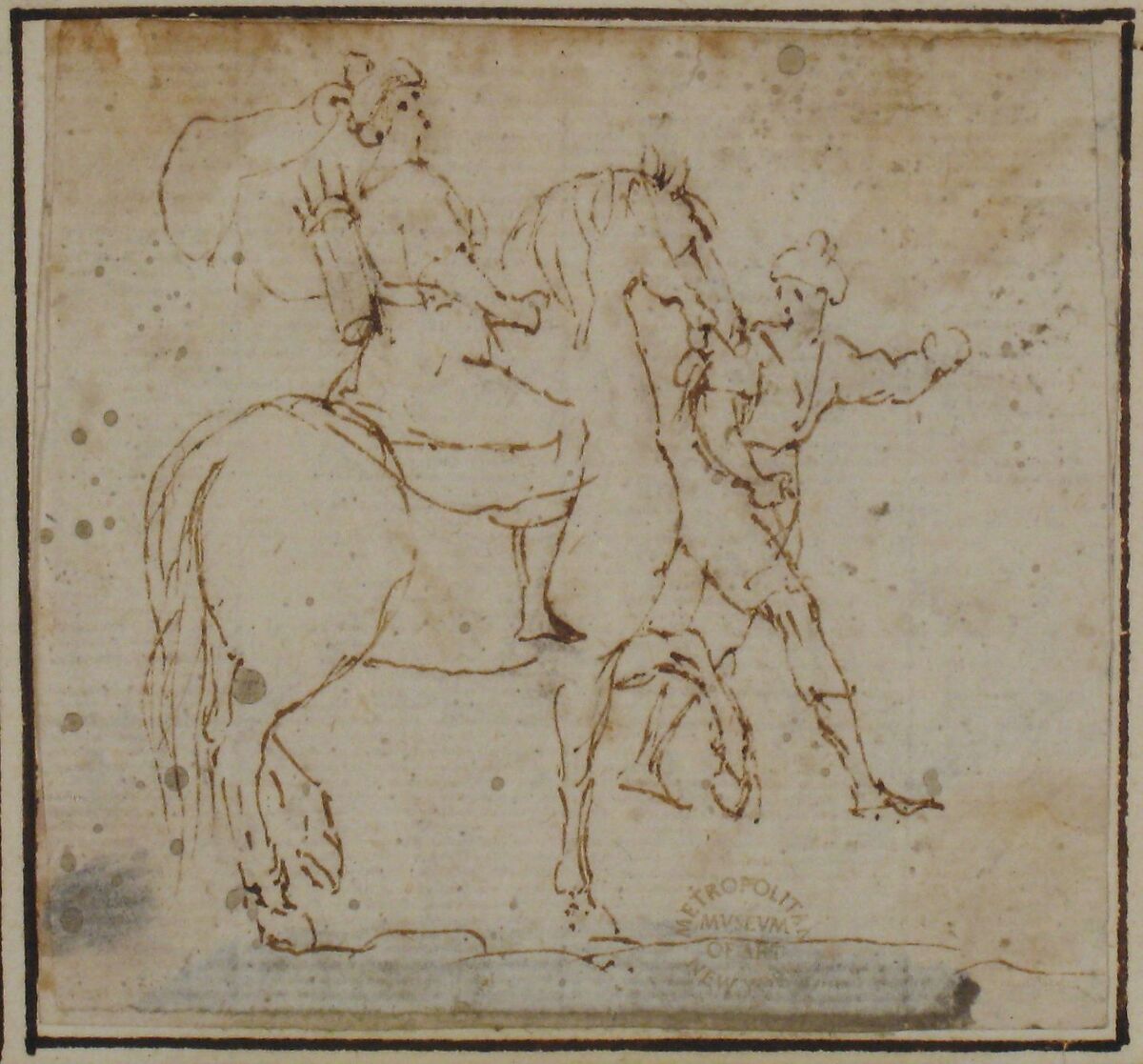 Man on Horseback with Attendant, attributed to Francesco Allegrini (Italian, Cantiano (?) 1615/20–after 1679 Gubbio (?)), Pen and brown ink.  Framing lines in pen and brown ink on mount