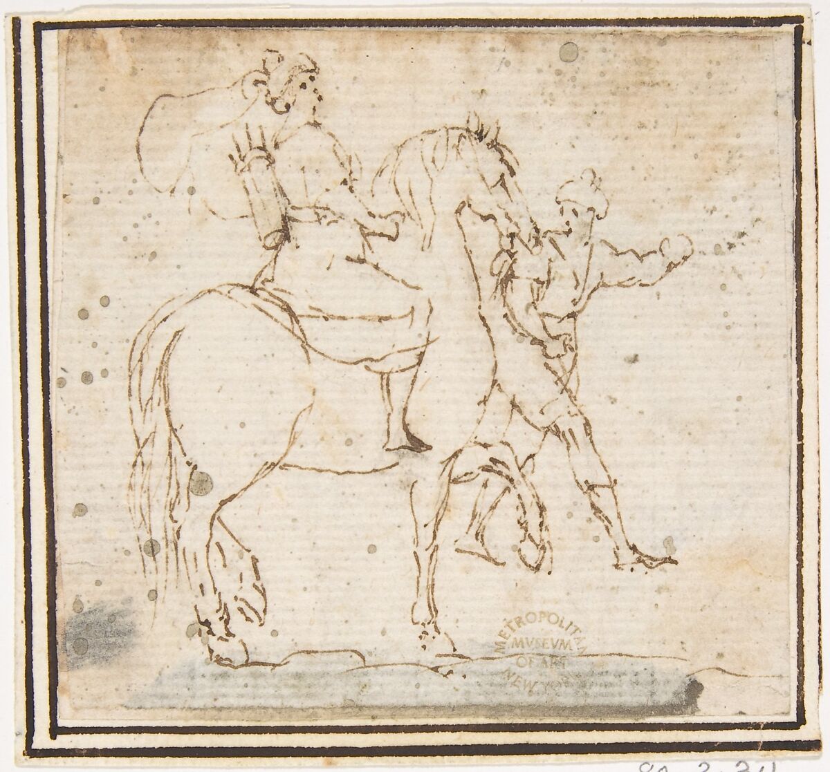 Man on Horseback with Attendant, attributed to Francesco Allegrini (Italian, Cantiano (?) 1615/20–after 1679 Gubbio (?)), Pen and brown ink.  Framing lines in pen and brown ink on mount 