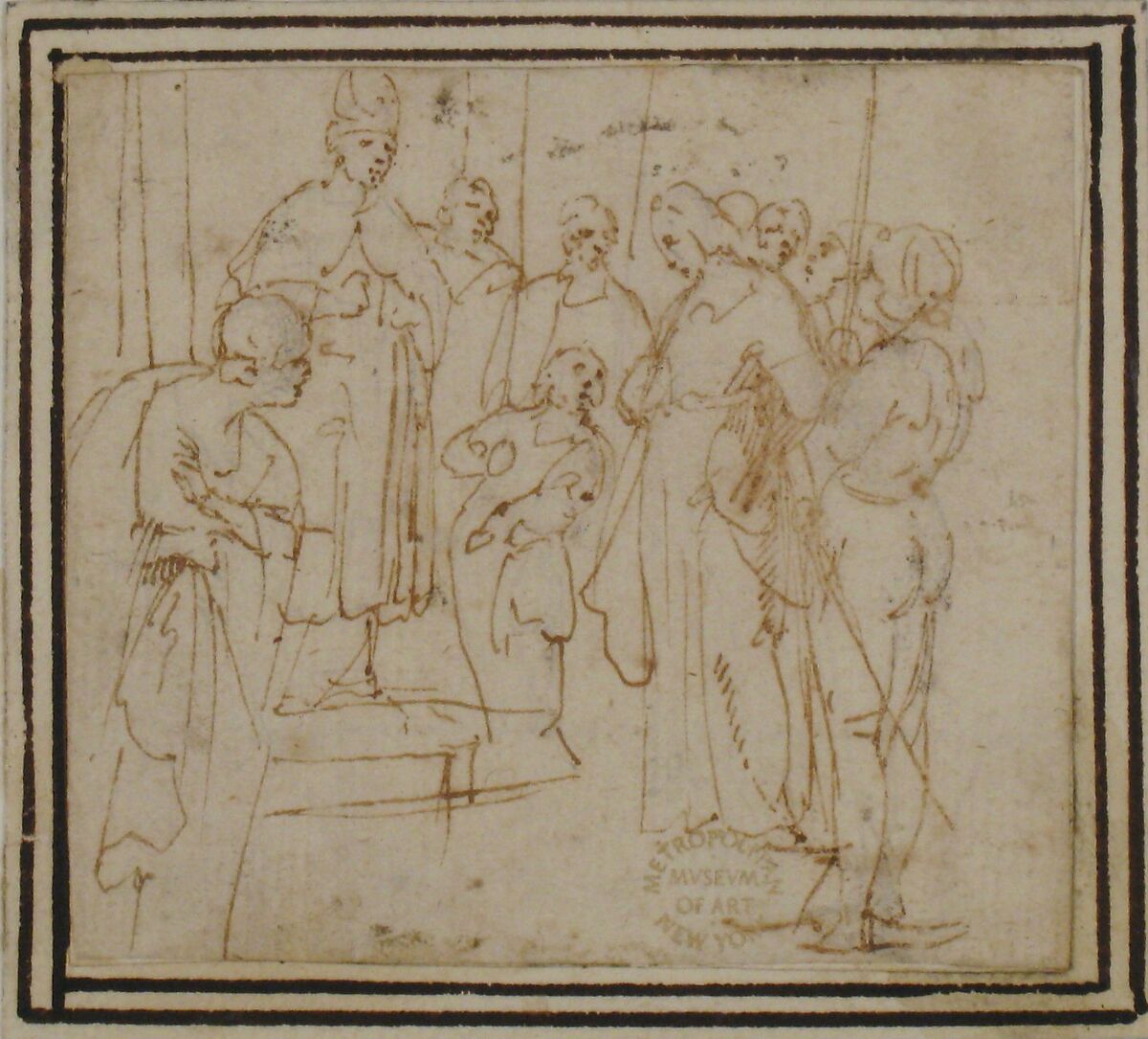 Christ before the High Priest Caiphas, attributed to Francesco Allegrini (Italian, Cantiano (?) 1615/20–after 1679 Gubbio (?)), Pen and brown ink.  Framing lines in pen and brown ink on mount